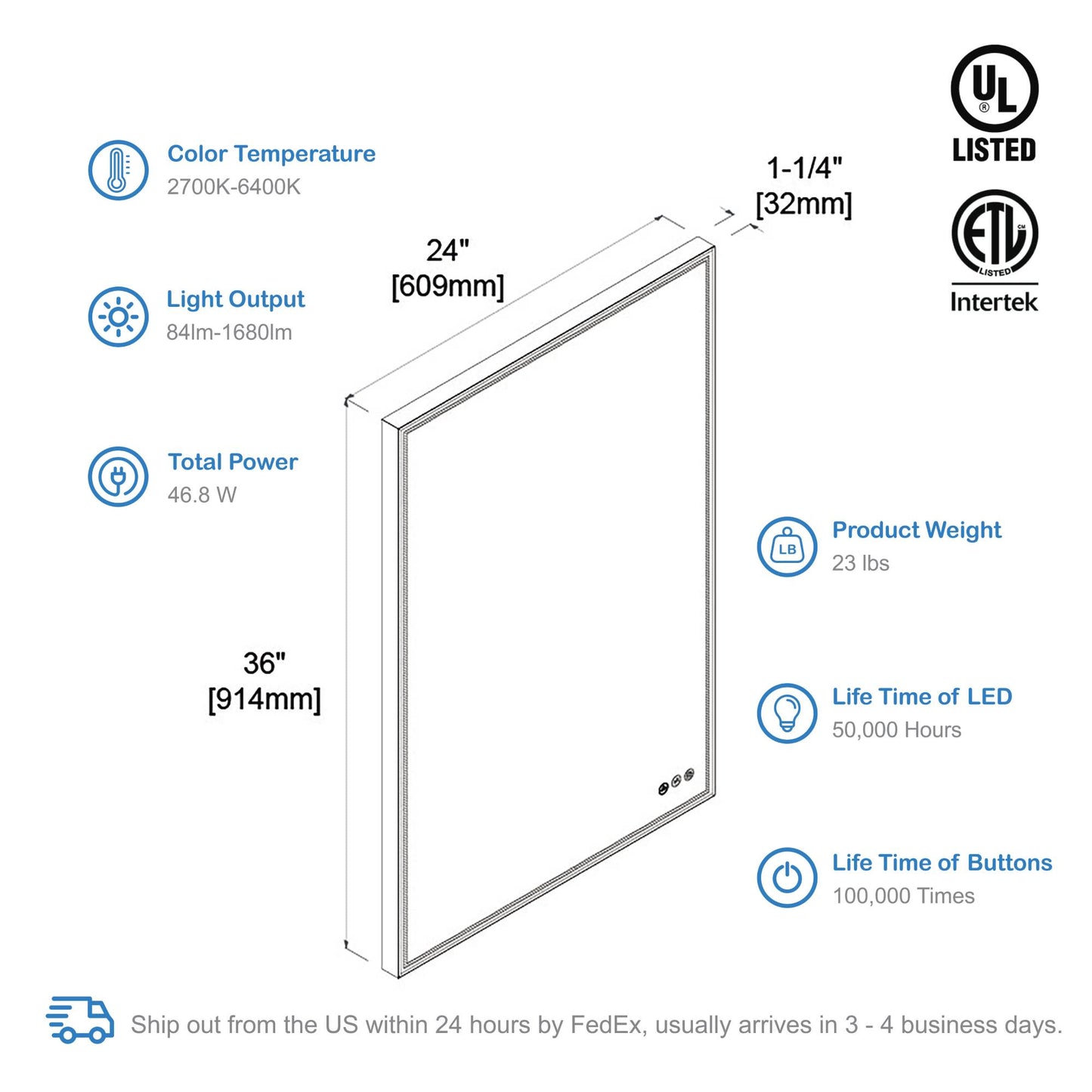 Blossom Stellar 24 Inch LED Mirror - LED M4 2436 MB