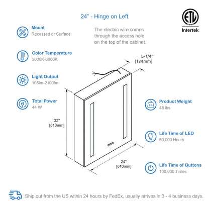Blossom Pillar – 24 Inches LED Medicine Cabinet - MCL1 2432L