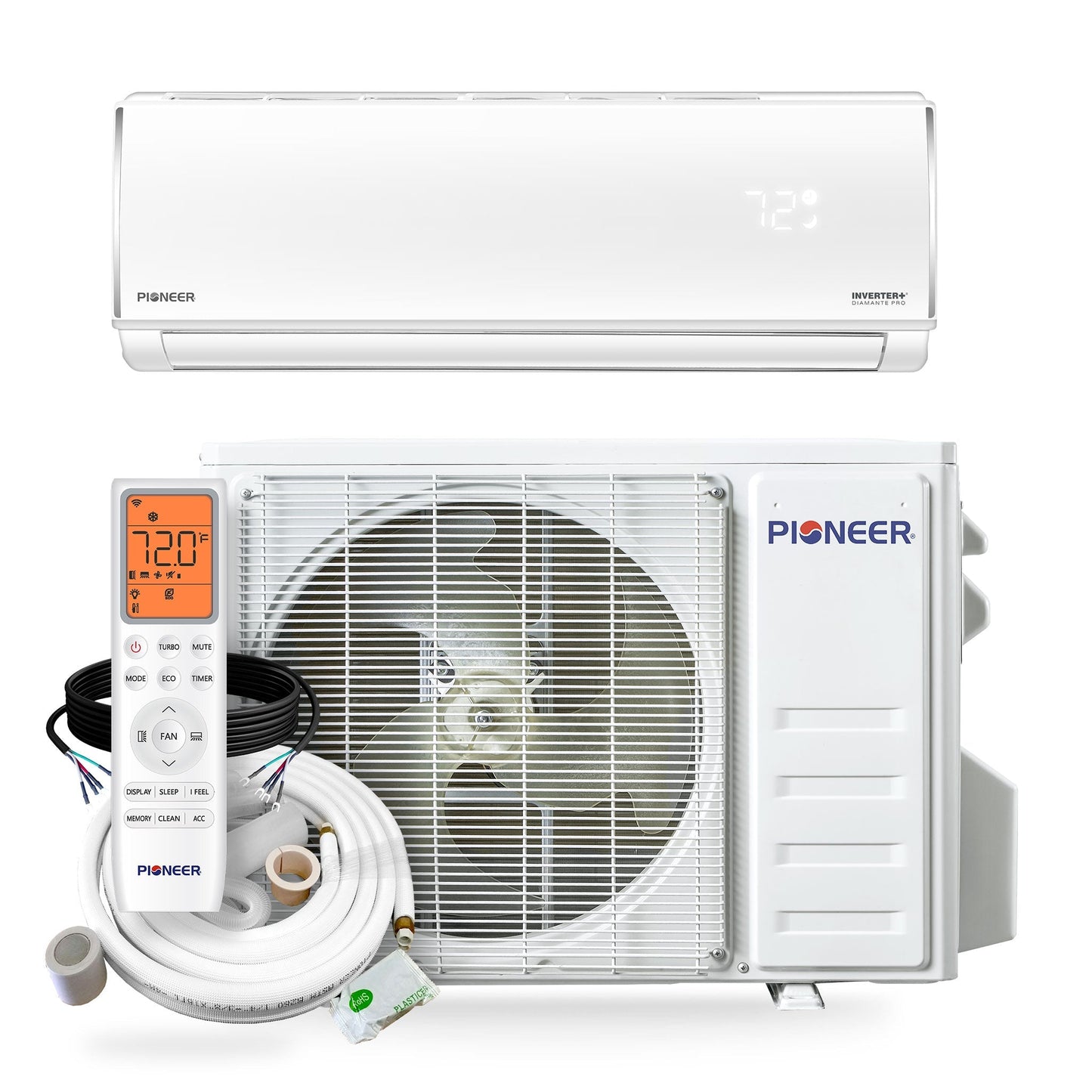Pioneer Diamante Pro 9,000 BTU 20 SEER2 230V High-Wall Ductless Energy-Star Mini-Split Air Conditioner Inverter Heat Pump with 16 Ft. Kit - WYT009GLSI20RL